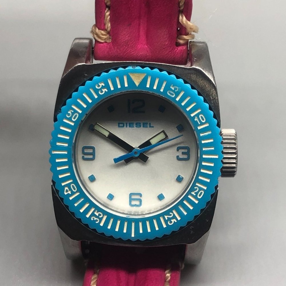 Diesel Watch Women Silver Tone Pink Leather Band Blue Bezel New Battery 8.5"